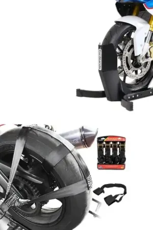 Finale Uitverkoop Set: Spanriem vor motor achterwiel en stuur met 4x spanbanden + Motor inrijklem Easy-Plus Paddockstand Voorwiel tot 21"