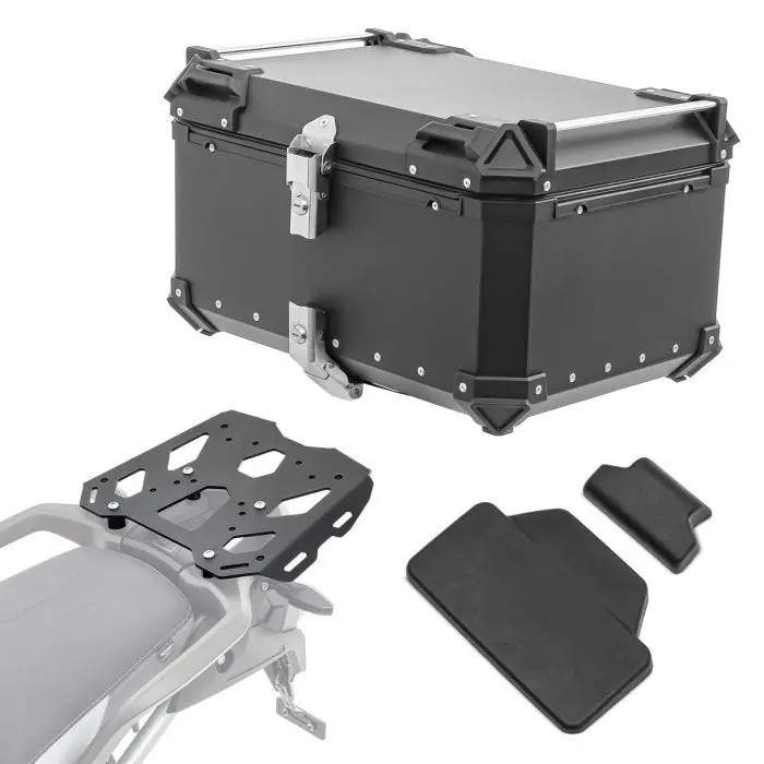 Set Aluminium Topkoffer + Drager voor Triumph Tiger 900 GT / Pro 20-25 Topcase Bagtecs XB65 zwart + rugkussen Authentiek