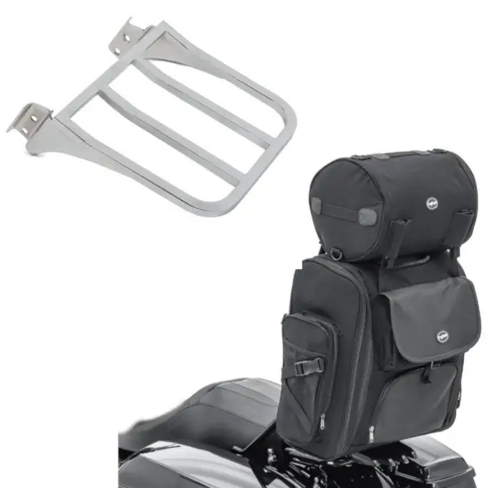Uitverkoop Set: Motor Sissybar Achtertas Craftride SXL met Bagagerol in zwart + Bagagerek geschikt compatibel met Harley Davidson Sportster Dyna Softail chroom Craftride