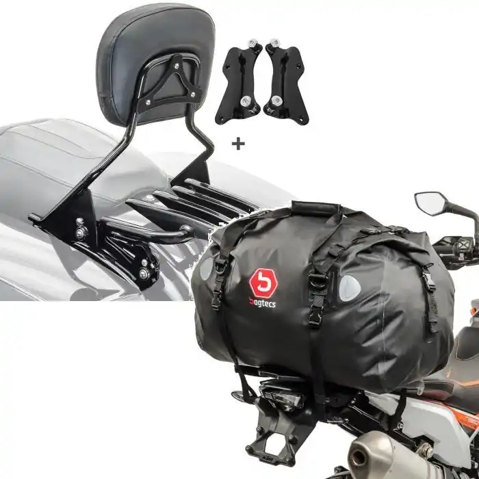 Set: Sissy Bar + Bagagerek XB + Montagekit passend voor Harley Davidson Touring 14-25 zwart Craftride + Motor Buddyseat Tas Bagtecs XF60 Dry Bag Waterbestendig Volumen 60l Gratis Verzending
