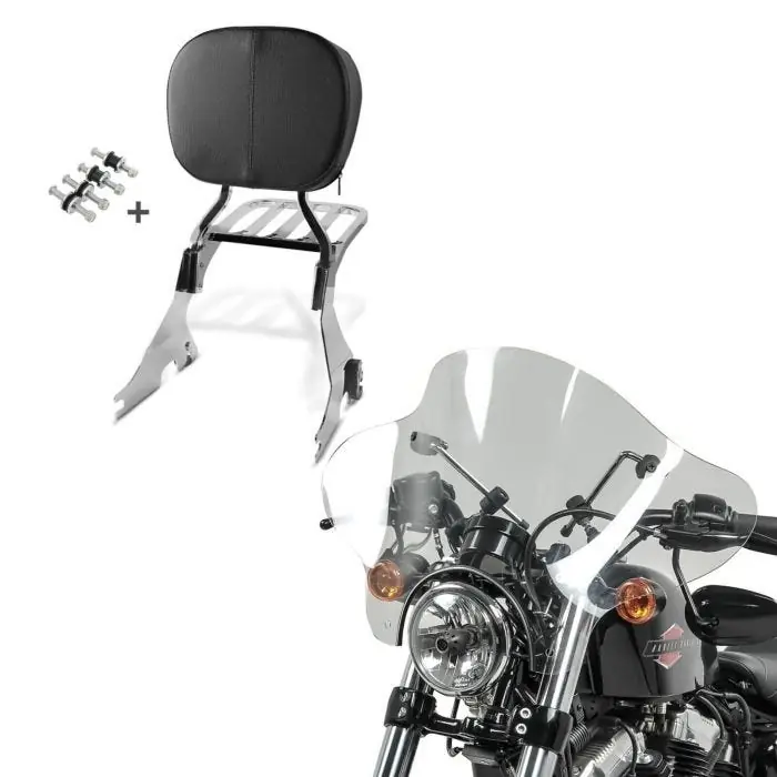 Laatste Kans Set: Sissy Bar met Bagagerek en docking kit geschikt compatibel met Harley Davidson Sportster 1200 Custom 04-20 chroom Craftride + Windscherm Batwing geschikt voor custombike Custom 96-20 duidelijk Craftride CB56459