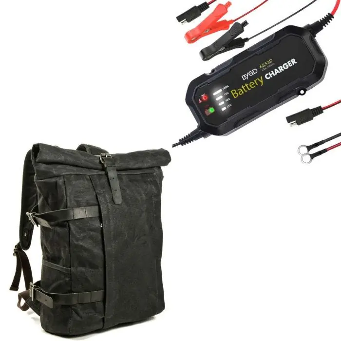Koopje Set: Motor rugzak Canvas VR2 Vintage tas 20Ltr Retro zw Craftride met Motor Acculader BC2 volautomatisch 12V / 1.500mA