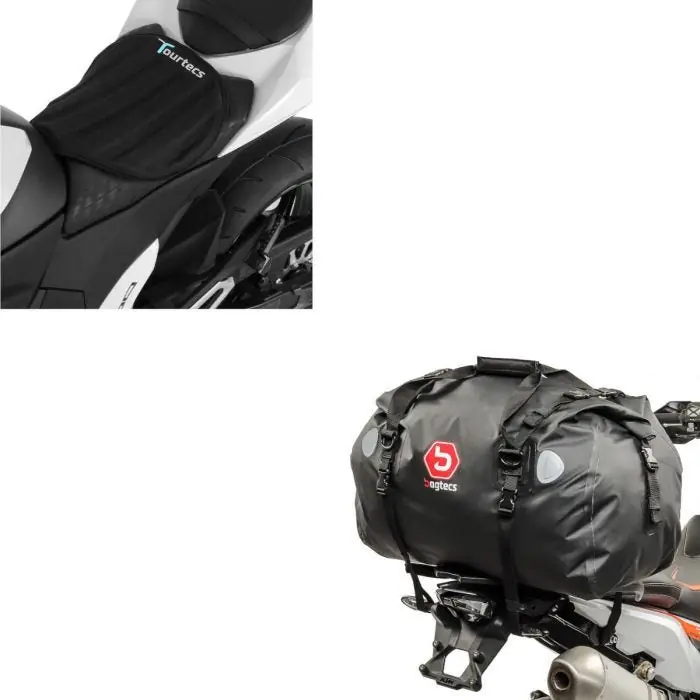 Hete Deal Set: Motor Buddyseat Tas XF60 Dry Bag Waterbestendig Volumen 60l + Motorfiets Gel Zadelkussen Tourtecs Neopreen L Komfort in