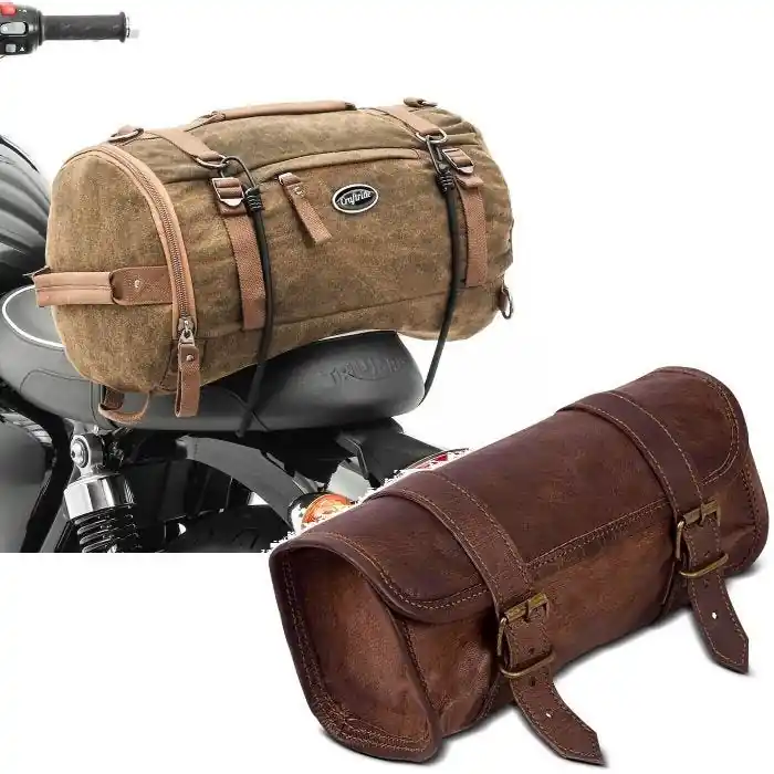 Finale Uitverkoop Set: Motor Buddyseat Tas Vintage 25L + Gereedschapsrol leer voor Chopper Retro Scrambler LR2 bruin