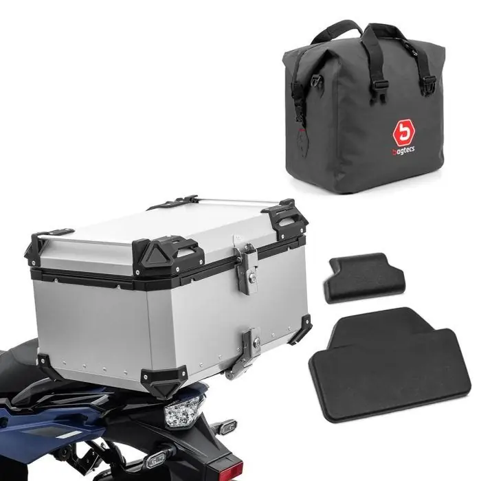 Goedkoop Set Motor aluminium topkoffer 65L + binnentas Dry Bag geschikt voor Honda Africa Twin 1100 Adventure Sports Bagtecs XB65 zilver + passagier rugkussen topcase