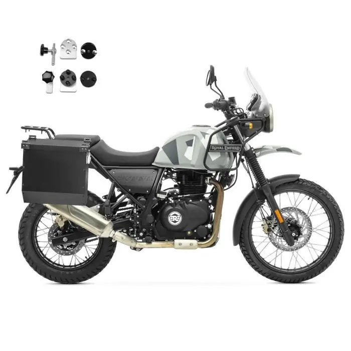 Set Aluminium Zijkoffers + adapters voor Royal Enfield Himalayan 410 17-25 Koffers Bagtecs AT34 zwart Direct Verzonden