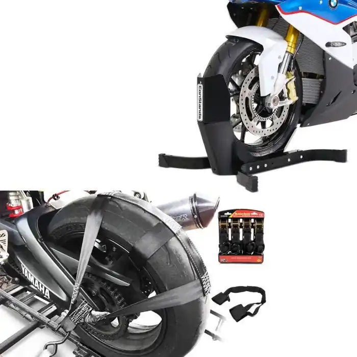 Set: Spanriem vor motor achterwiel en stuur met 4x spanbanden + Motor inrijklem Easy-Plus Paddockstand Voorwiel tot 21 Inch -matt Alleen Vandaag