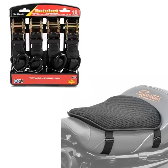 Set: Motorfiets Spanband Set met ratel en haak incl 4x lastlussen in + Gel Zadelkussen M Tourtecs Universal Comfort zadelkussen Nieuw Model
