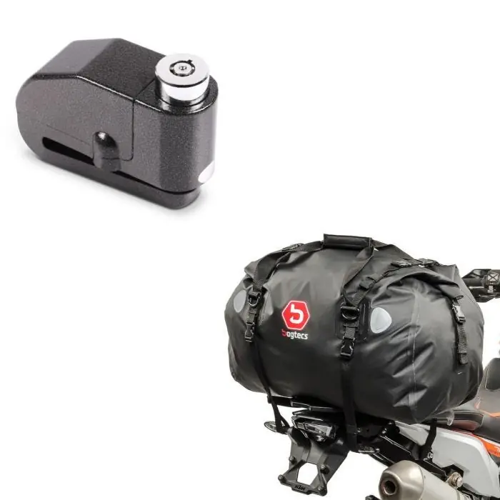 Set: Motor Buddyseat Tas XF60 Dry Bag Waterbestendig Volumen 60l + Schijfremslot met alarm 110dB MS-Motoparts Diefstalbeveiliging Betrouwbaar